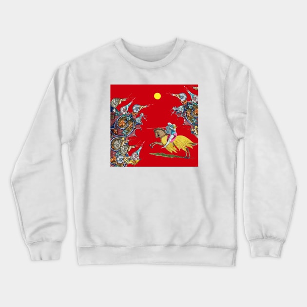 WEIRD MEDIEVAL BESTIARY WAR, KNIGHT HORSEBACK COMBATTING GIANT SNAILS IN ROYAL RED Crewneck Sweatshirt by BulganLumini